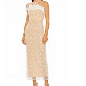 MAC DUGGAL FEATHER DETAIL BEADED STRAPLESS TULLE WHITE/BEIGE MIDI DRESS sz 2